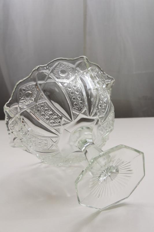 photo of McKee Quintec sunburst pattern crystal clear pressed glass compote, early 1900s vintage #3