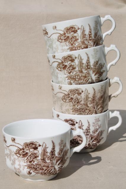 photo of Meakin - Essex antique brown transferware ironstone china mug cups poppies & wildflowers #1