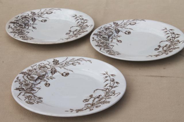 photo of Meakin - Essex antique brown transferware ironstone china plates poppies & wildflowers #4