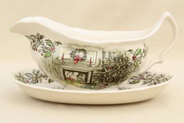 catalog photo of Merry Christmas Johnson Brothers china, vintage gravy boat & under plate