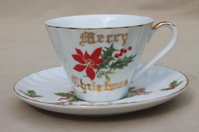 photo of Merry Christmas motto china tea cup & saucer set, vintage Norcrest label Japan #1