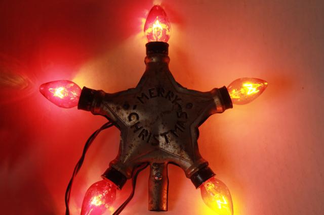 photo of Merry Christmas vintage tree topper tin star, old electric light bulbs lighted ornament #2
