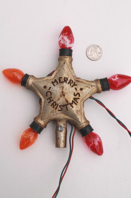 photo of Merry Christmas vintage tree topper tin star, old electric light bulbs lighted ornament #4