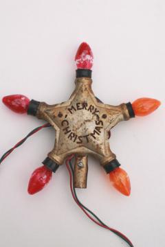 catalog photo of Merry Christmas vintage tree topper tin star, old electric light bulbs lighted ornament