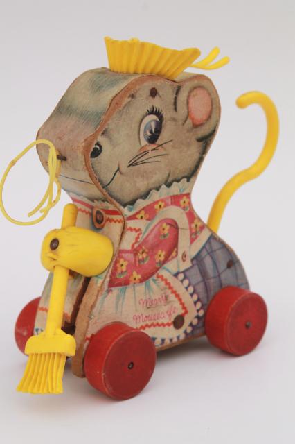 photo of Merry Mouse Wife 1960s vintage Fisher Price wood pull toy, lady mouse keeper w/ broom #1