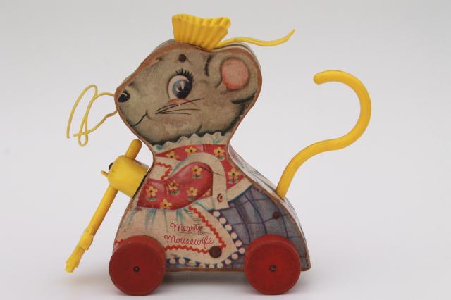 photo of Merry Mouse Wife 1960s vintage Fisher Price wood pull toy, lady mouse keeper w/ broom #2