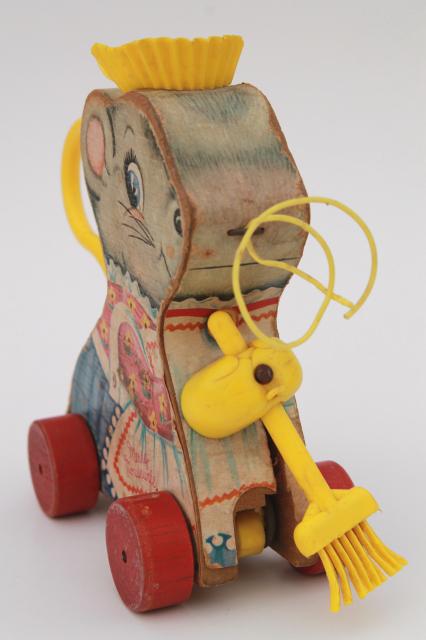 photo of Merry Mouse Wife 1960s vintage Fisher Price wood pull toy, lady mouse keeper w/ broom #5