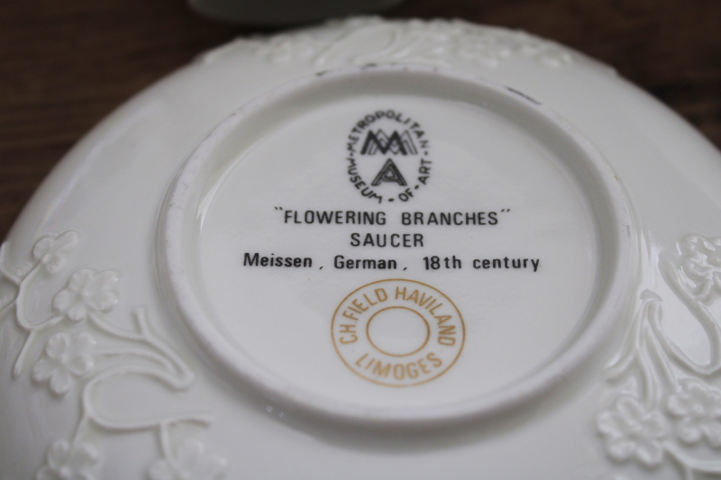 photo of Met reproduction antique Meissen blanc de chine cherry blossom cups & saucers Limoges #3