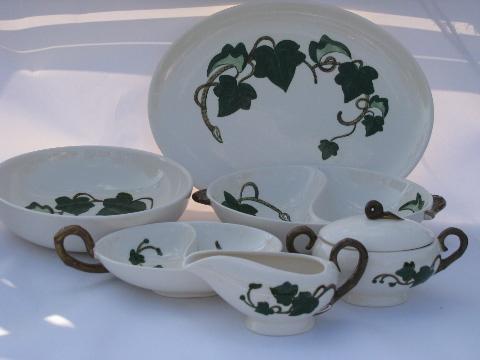 photo of Metlox Poppytrail pottery dinnerware, vintage California Ivy serving pieces lot #1