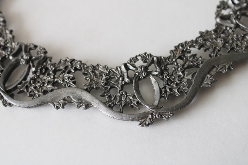 photo of Metzke pewter Christmas holly pattern jar toppers & large round trivet, 1990s vintage #4