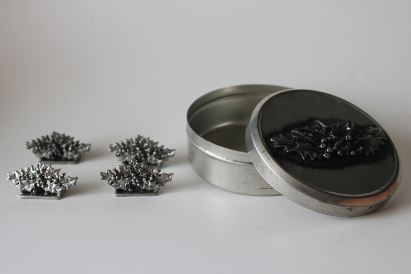 photo of Metzke pewter Christmas holly pattern place card holders & trinket box tin, 1990s vintage  #1