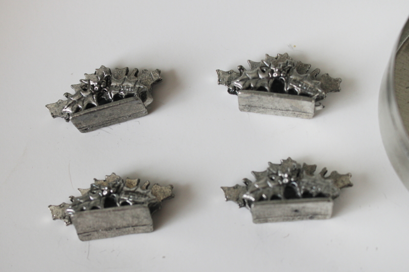 photo of Metzke pewter Christmas holly pattern place card holders & trinket box tin, 1990s vintage  #2