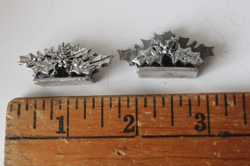 photo of Metzke pewter Christmas holly pattern place card holders & trinket box tin, 1990s vintage  #3
