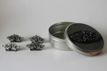 catalog photo of Metzke pewter Christmas holly pattern place card holders & trinket box tin, 1990s vintage 
