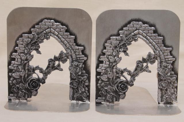 photo of Metzke vintage silver tone pewter metal bookends, rose arbor garden wall book ends #1