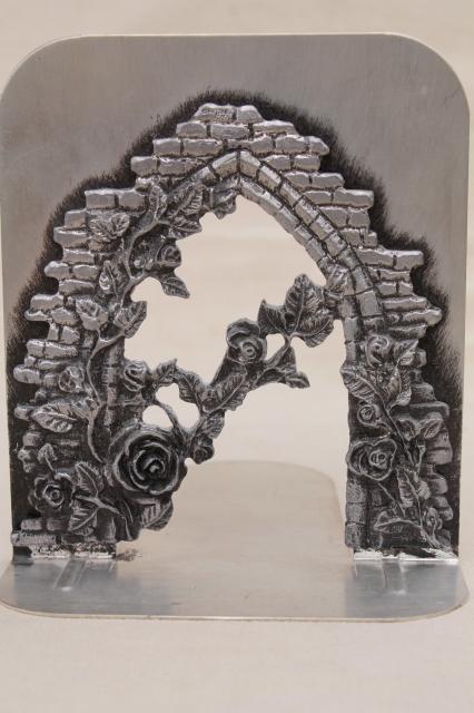 photo of Metzke vintage silver tone pewter metal bookends, rose arbor garden wall book ends #5