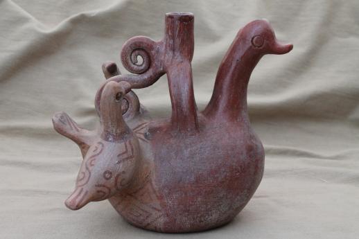 photo of Mexican / Central American pottery candle holder pot, jug shape w/ hand painted birds #4