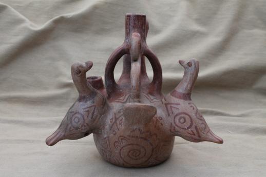 photo of Mexican / Central American pottery candle holder pot, jug shape w/ hand painted birds #5