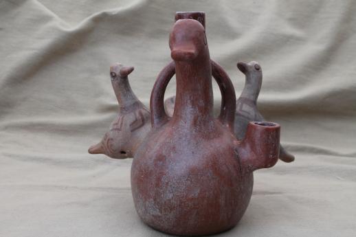 photo of Mexican / Central American pottery candle holder pot, jug shape w/ hand painted birds #7