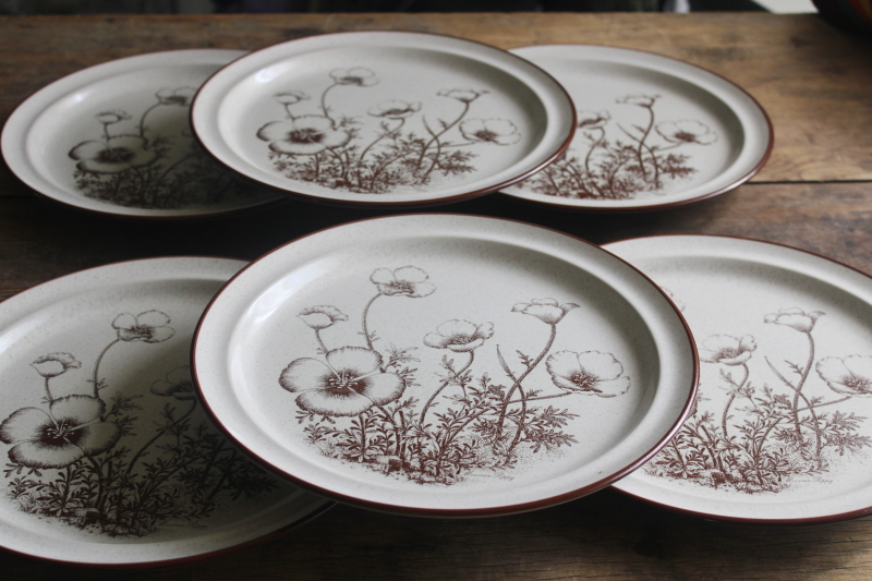 photo of Mexican Poppy Desert Flowers Noritake stoneware dinner plates, 70s vintage brown floral  #1