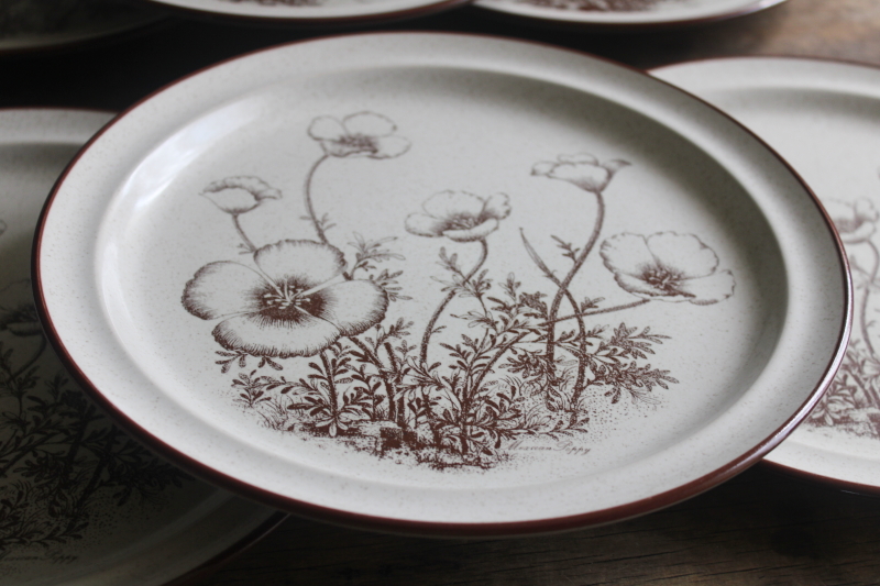 photo of Mexican Poppy Desert Flowers Noritake stoneware dinner plates, 70s vintage brown floral  #2