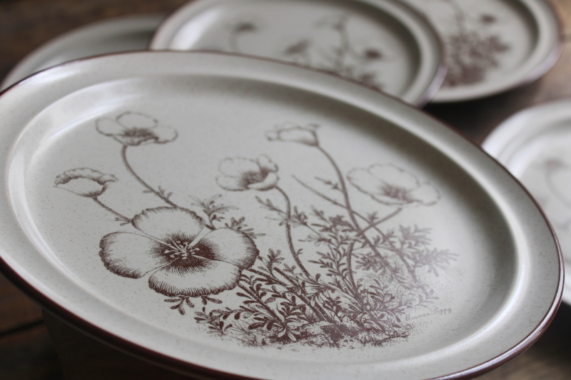 photo of Mexican Poppy Desert Flowers Noritake stoneware dinner plates, 70s vintage brown floral  #6