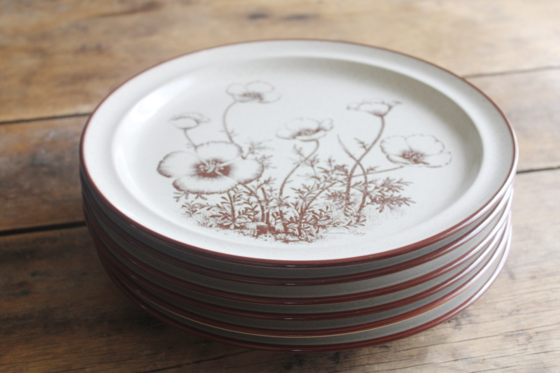 photo of Mexican Poppy Desert Flowers Noritake stoneware dinner plates, 70s vintage brown floral  #8