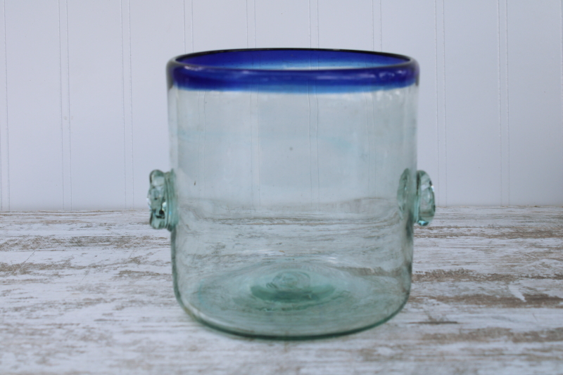 photo of Mexican glass ice bucket, vintage cobalt blue rim hand blown glass barware #1
