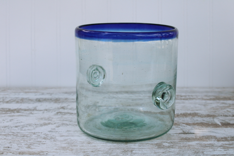 photo of Mexican glass ice bucket, vintage cobalt blue rim hand blown glass barware #2