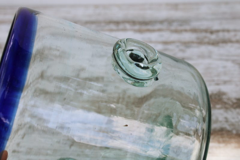 photo of Mexican glass ice bucket, vintage cobalt blue rim hand blown glass barware #3