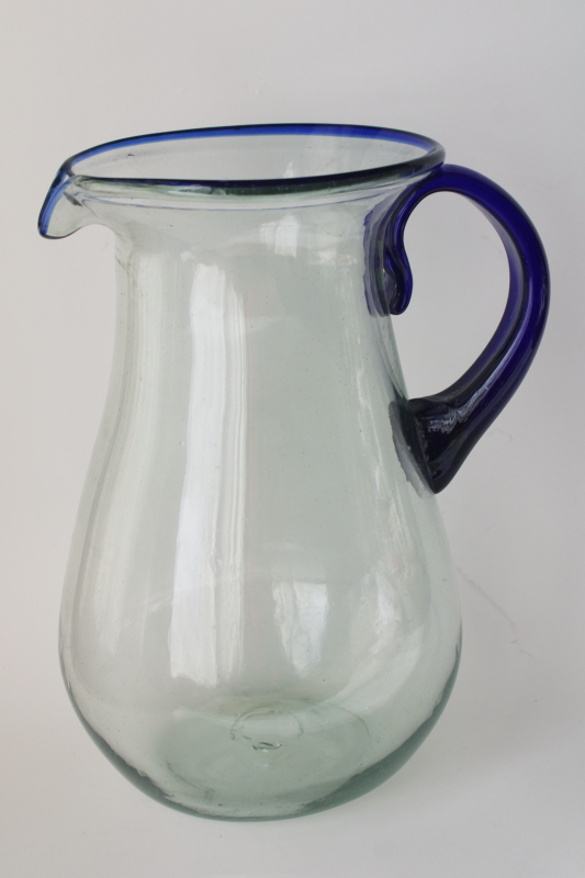 photo of Mexican glass pitcher for iced tea or cocktails, cobalt blue band rustic hand blown glass  #1