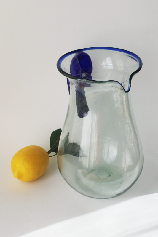 photo of Mexican glass pitcher for iced tea or cocktails, cobalt blue band rustic hand blown glass  #2