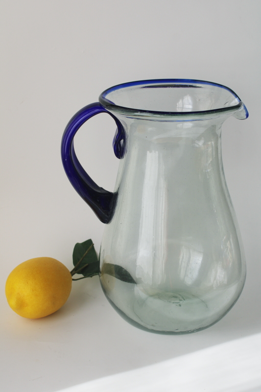 photo of Mexican glass pitcher for iced tea or cocktails, cobalt blue band rustic hand blown glass  #3