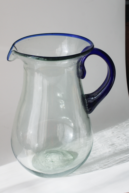 photo of Mexican glass pitcher for iced tea or cocktails, cobalt blue band rustic hand blown glass  #4