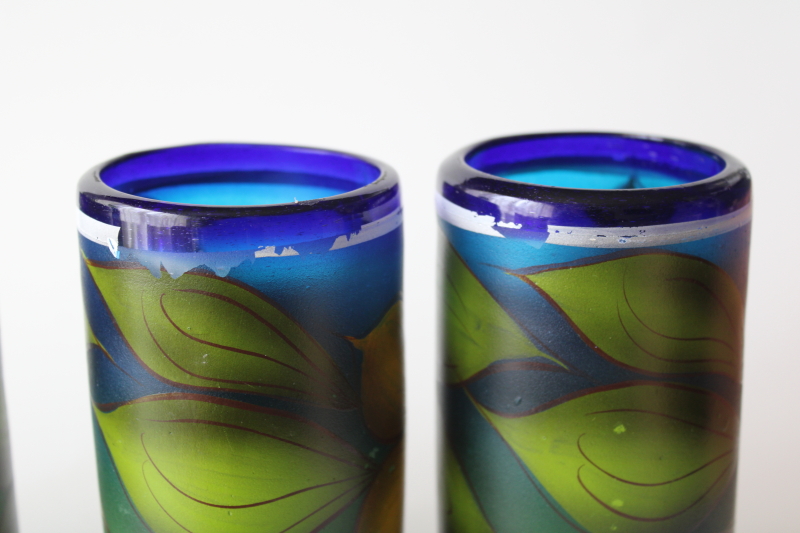 photo of Mexican hand blown glass w/ hand painted sunflowers, chunky tumblers, vases or drinking glasses #5