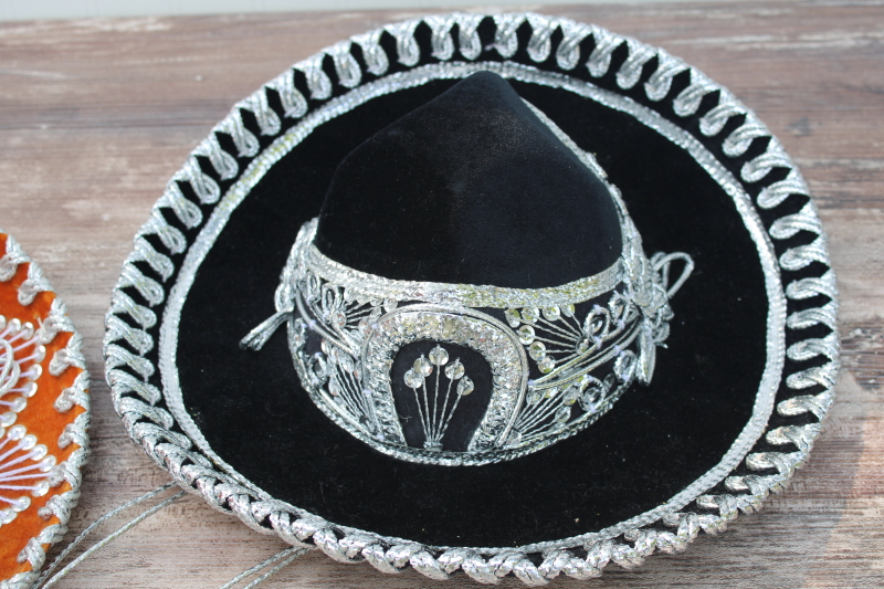 photo of Mexican mariachi sombrero hats, embroidered velvet orange and black, vintage Pigalle #3