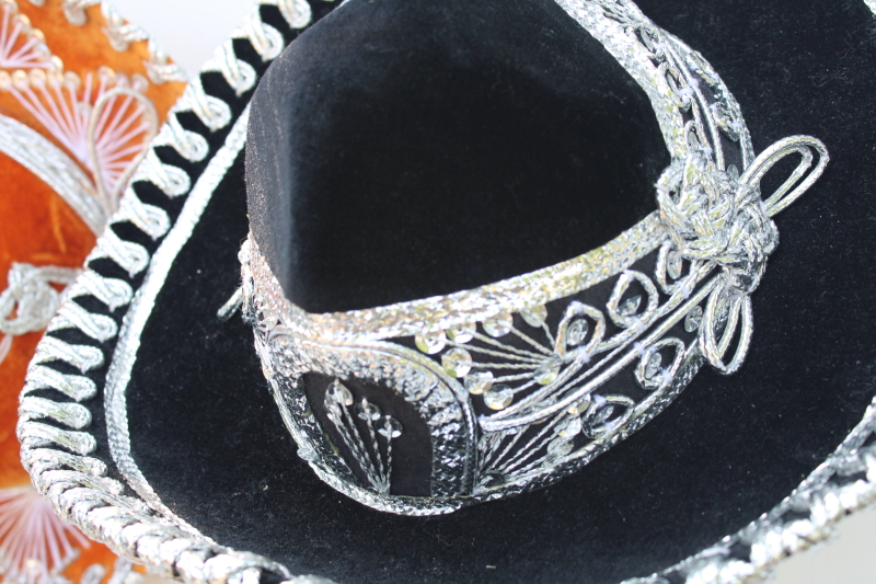 photo of Mexican mariachi sombrero hats, embroidered velvet orange and black, vintage Pigalle #6