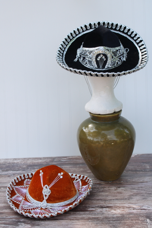 photo of Mexican mariachi sombrero hats, embroidered velvet orange and black, vintage Pigalle #8