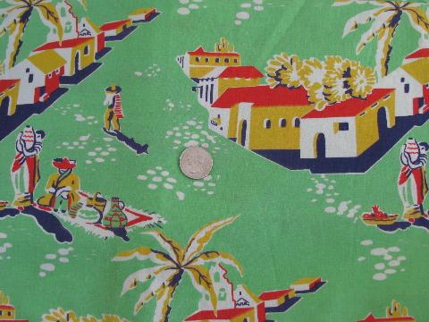 photo of Mexican theme print on jadite green, vintage cotton flour sack fabric #1