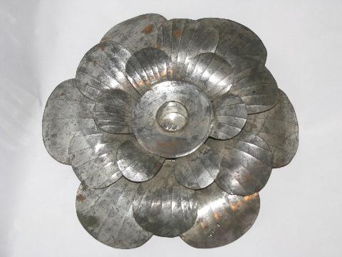 photo of Mexican tin toleware, large tole metal flower candle holder, vintage Mexico #1