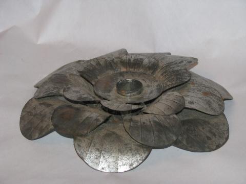 photo of Mexican tin toleware, large tole metal flower candle holder, vintage Mexico #2