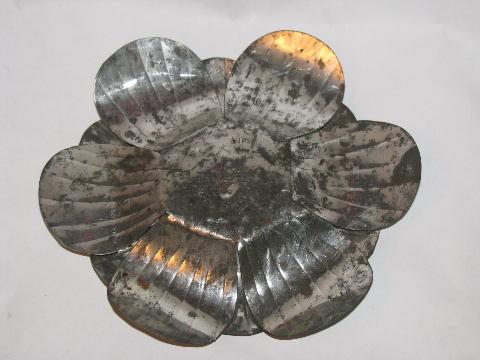 photo of Mexican tin toleware, large tole metal flower candle holder, vintage Mexico #3