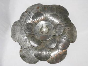 catalog photo of Mexican tin toleware, large tole metal flower candle holder, vintage Mexico