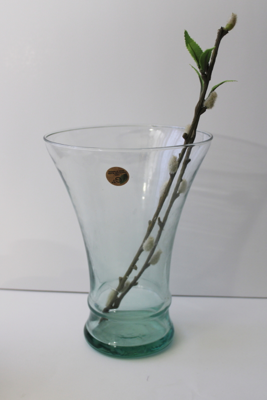 photo of Mexico label Spanish green recycled glass vase, pale sea glass green color #1