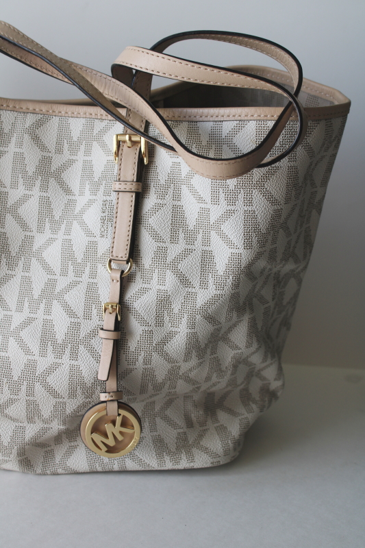 photo of Michael Kors signature monogram print white bag, large purse or tote w/ brass tag  #4