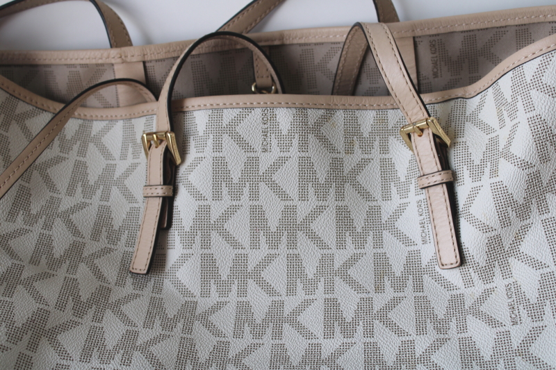 photo of Michael Kors signature monogram print white bag, large purse or tote w/ brass tag  #5