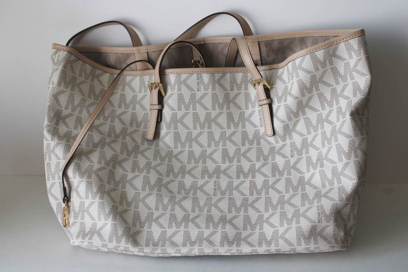 photo of Michael Kors signature monogram print white bag, large purse or tote w/ brass tag  #6
