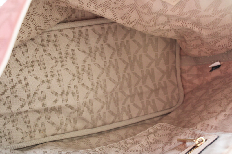 photo of Michael Kors signature monogram print white bag, large purse or tote w/ brass tag  #11