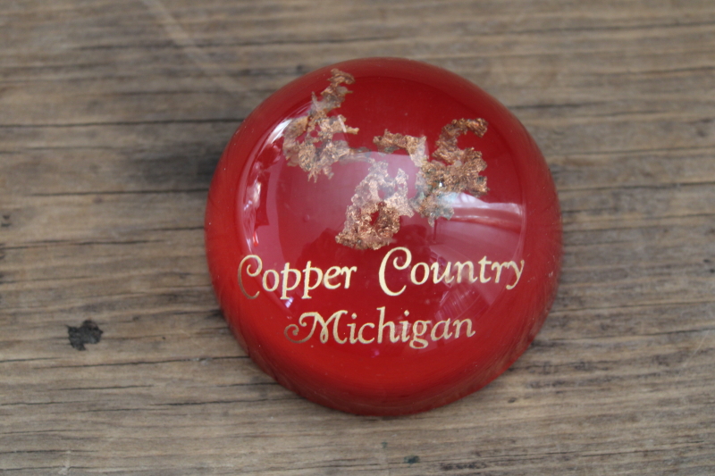 photo of Michigan Copper Country souvenir, vintage lucite paperweight native raw copper ore flake #1