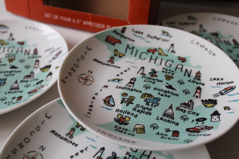 photo of Michigan map My Place state landmarks print china plates set new in box #2